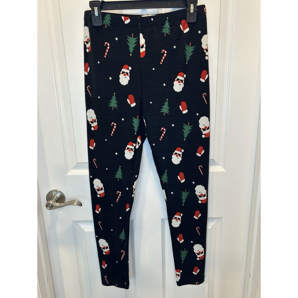 SO Christmas Leggings Women‎ Medium Black Santa Candy Cane Tree Print Holiday